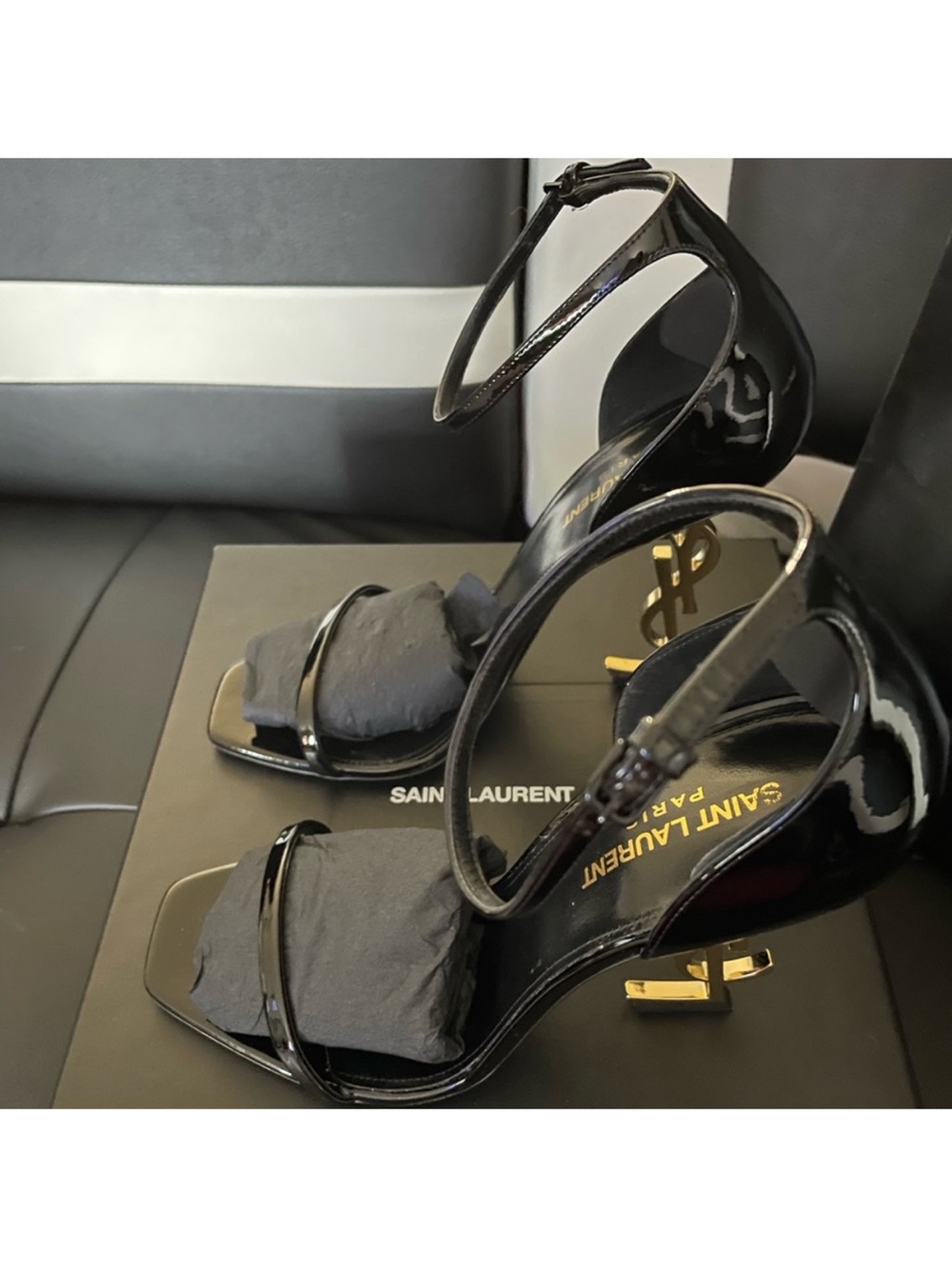 Saint Laurent Black Patent Leather Opyum Sandal with Gold Logo Heel - Picture 2 of 6